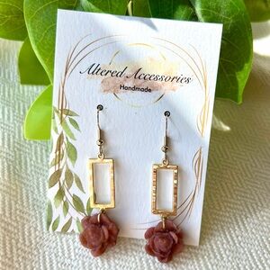 Gold and Brown Rose Dangle Earrings